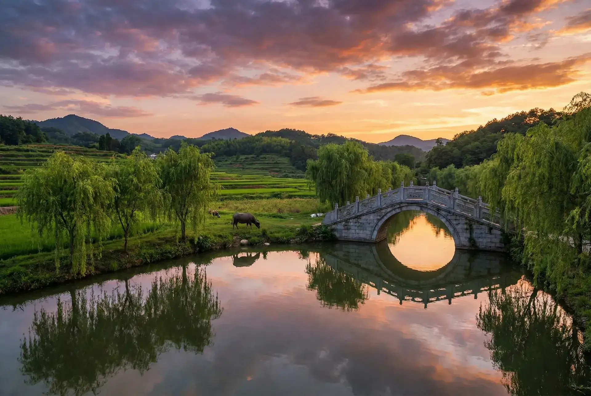 夕阳下的石拱桥与垂柳，水牛在河边吃草 - hj海角社区 乡村美景